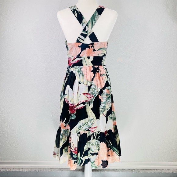 Ann Taylor Island Tropical Floral Navy Sleeveless Cross Back Flair Midi Dress - Picture 15 of 16